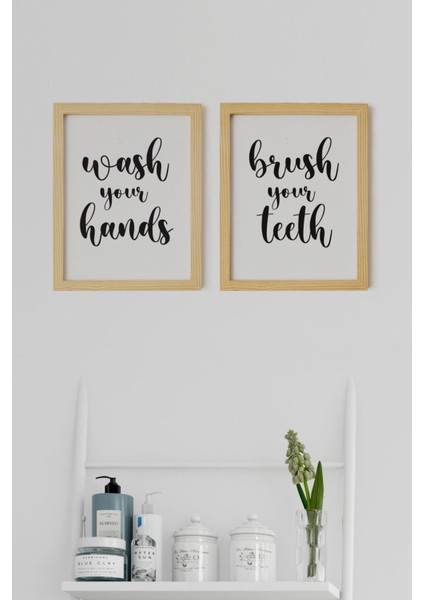 Yazı Banyo Funny Doğal Ahşap Çerçeveli 2'li Tablo Seti