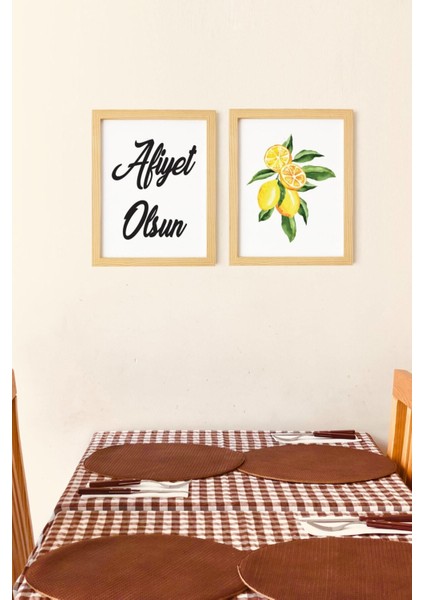 Mutfak Afiyet Olsun Doğal Ahşap Çerçeveli 2'li Tablo Seti