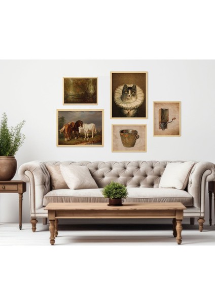 Vintage Nature Doğal Ahşap Çerçeveli Çoklu 5'li Tablo Seti