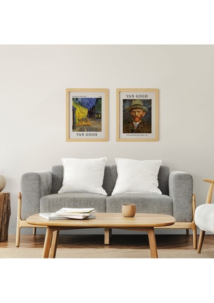 Van Gogh Teras Portrait Doğal Ahşap Çerçeveli 2'li Tablo Seti