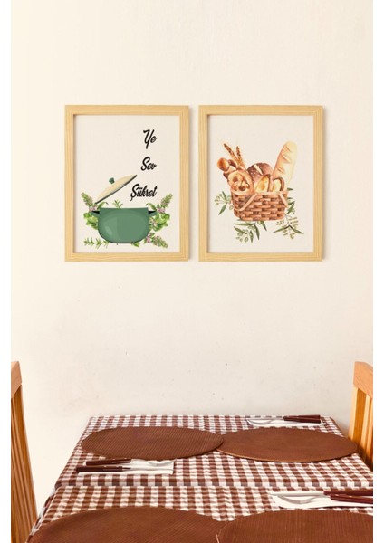 Mutfak Çay Ekmek Limon Doğal Ahşap Çerçeveli 2'li Tablo Seti