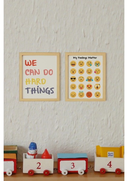 Çocuk Odası Emoji Doğal Ahşap Çerçeveli 2'li Tablo Seti