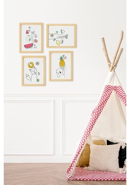 Çocuk Odası Doğal Ahşap Çerçeveli 4'lü Tablo Seti