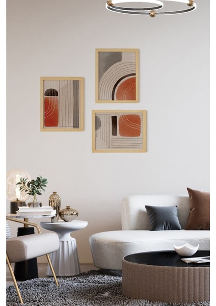 Soyut Lines Doğal Ahşap Çerçeveli 3'lü Tablo Seti