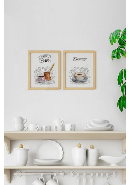 Mutfak Coffees Doğal Ahşap Çerçeveli 2'li Tablo Seti