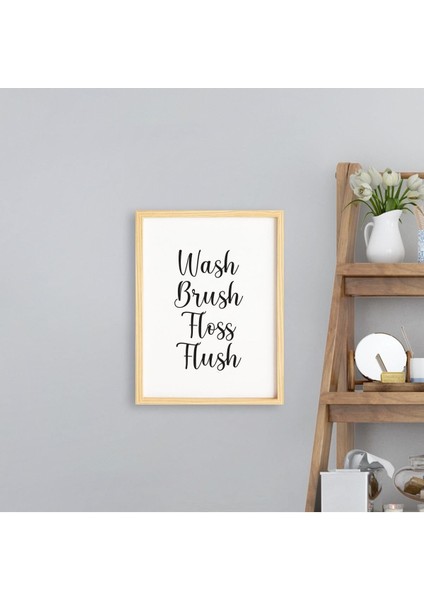 Banyo-Wash Brush Floss Flush Doğal Ahşap Çerçeveli Tekli Tablo Seti