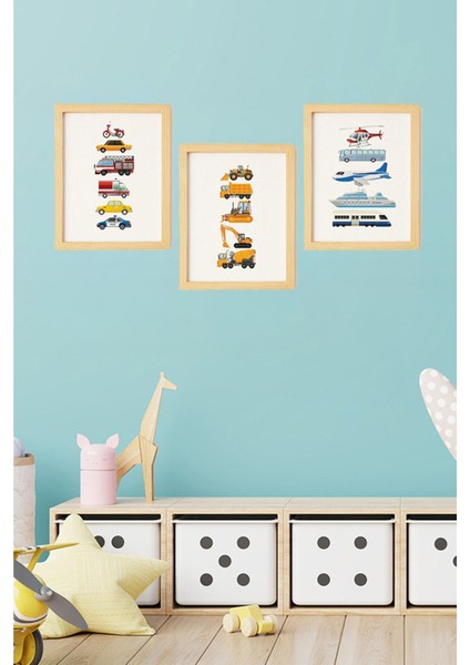 Çocuk Odası Doğal Ahşap Çerçeveli 3'lü Tablo Seti