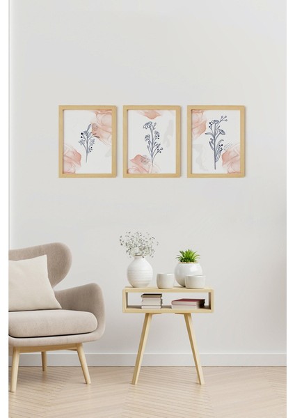 Soyut Abstract Flower Doğal Ahşap Çerçeveli 3'lü Tablo Seti