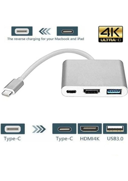 3'in 1 Type-C To HDMI 4K USB 3.0 Dönüştürücü Adaptör Macbook, Pro 2015 2016 2017 Samsung S8 S9 S10