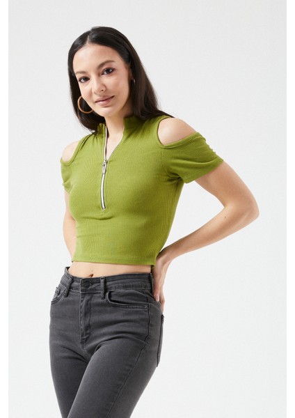 Omuz Detay Crop Bluz Yağ Yeşili