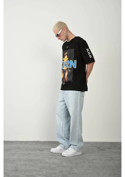 Unisex Baskılı Bisiklet Yaka Oversize T-Shirt - Siyah