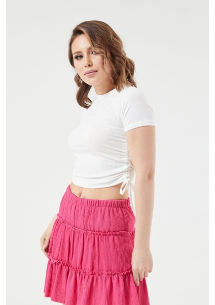 Sıfır Yaka Yanı Büzgülü Beyaz Bluz fiyatları