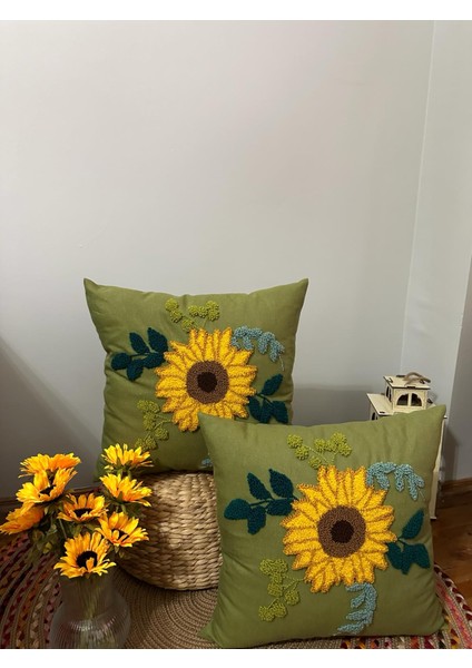 Punchhatolyesii Panch Punch Ayçiceği Model Elyapımı Kırlent Kılıfı Fıstık Yeşil Renk
