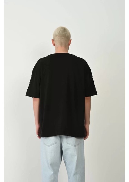 Unisex Baskılı Bisiklet Yaka Oversize T-Shirt - Siyah fiyatları