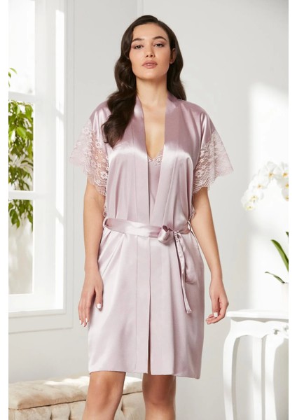 Saten Dantelli Gecelik ve Sabahlık Takımı 4438 - Pudra