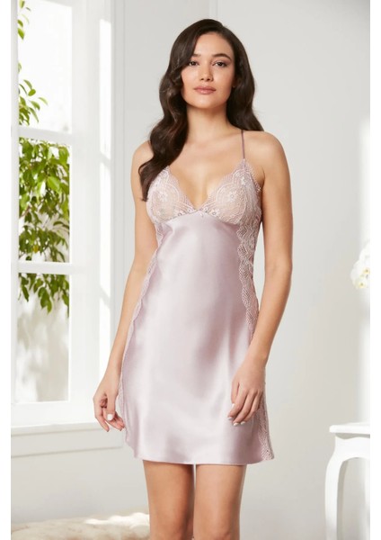 Saten Dantelli Gecelik ve Sabahlık Takımı 4438 - Pudra modelleri