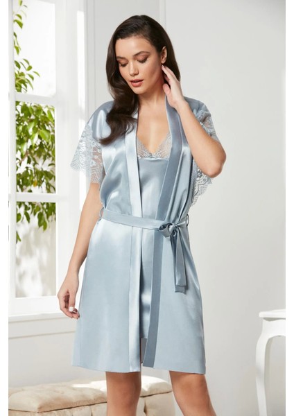 Saten Dantelli Gecelik ve Sabahlık Takımı 4438 - Mist