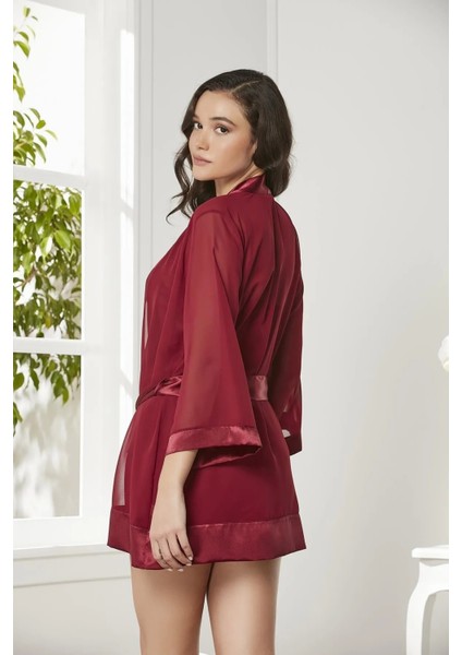 3'lü Saten Gecelik ve Şifon Sabahlık Takımı 2475 - Bordo modelleri