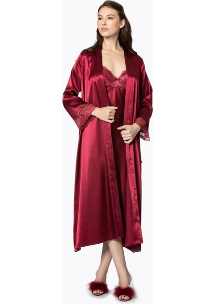 Saten Dantelli Gecelik ve Sabahlık Takımı 4370 - Bordo fiyatları