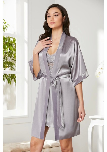 Saten Kadife Gecelik ve Sabahlık Takımı 4045 - Royal