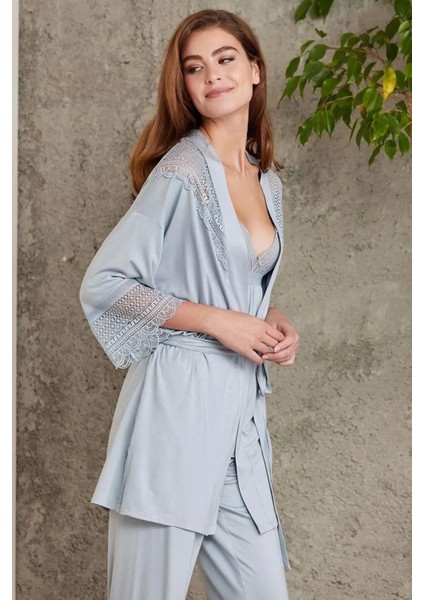 Dantelli Penye 3'lü Kadın Pijama Takımı 2820 - Mist fiyatları
