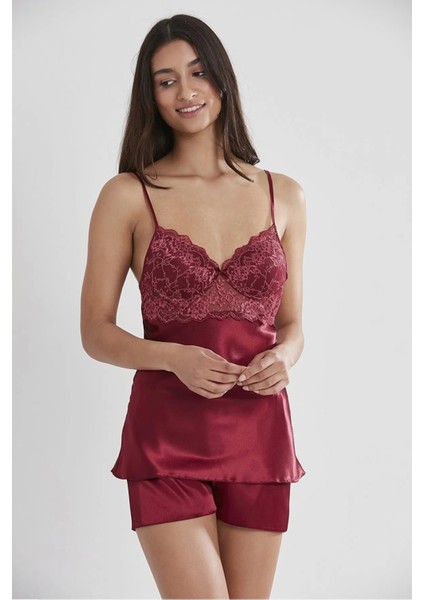 Saten Dantelli Şort Babydoll Takım 415 - Bordo
