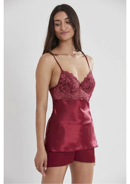 Saten Dantelli Şort Babydoll Takım 415 - Bordo modelleri