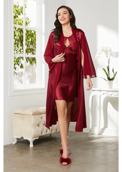 Saten Dantelli Gecelik ve Sabahlık Takımı 4375 - Bordo