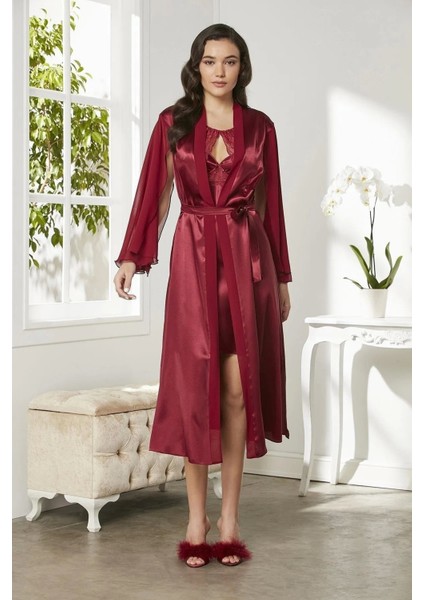 Saten Dantelli Gecelik ve Sabahlık Takımı 4375 - Bordo fiyatları
