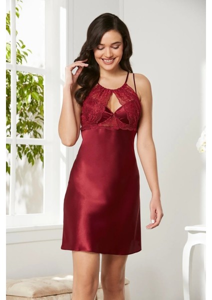 Saten Dantelli Gecelik ve Sabahlık Takımı 4375 - Bordo fırsatları