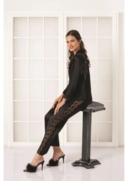 Saten Dantelli Pijama Takımı 1438 - Siyah