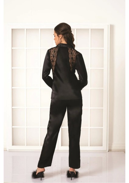 Saten Dantelli Pijama Takımı 1438 - Siyah