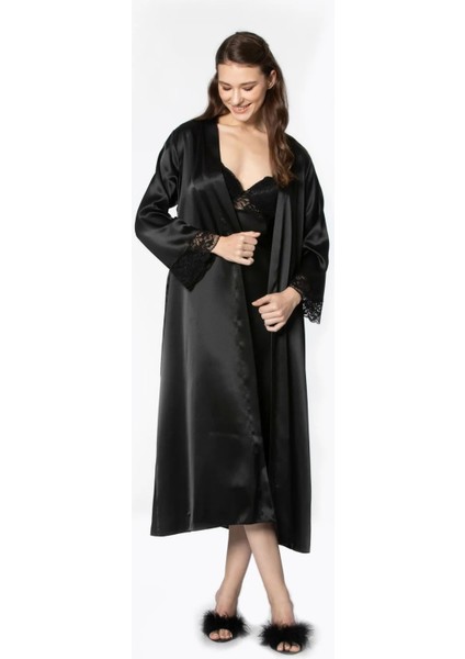 Saten Dantelli Gecelik ve Sabahlık Takımı 4370 - Siyah fiyatları