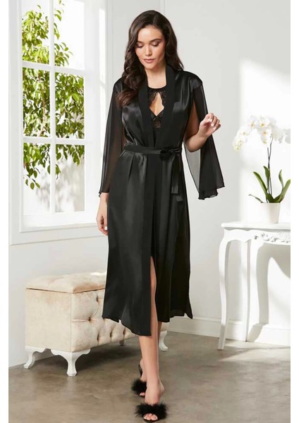 Saten Dantelli Gecelik ve Sabahlık Takımı 4375 - Siyah