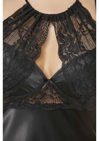 Saten Dantelli Gecelik ve Sabahlık Takımı 4375 - Siyah indirimleri