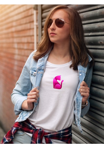 Kadın T-Shirt Pembe Kedi