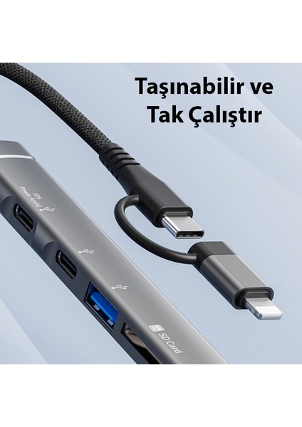 5in1 Type-C+Lightning To Type-C + USB + Sd & Tf Card Reader Çevirici Çoğaltıcı Hub