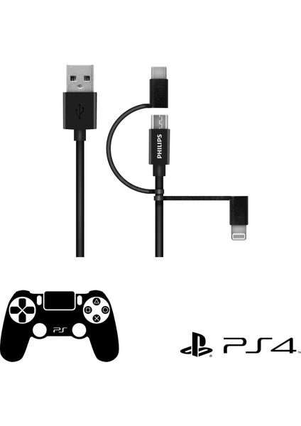 Playstation 4 / 5 Ile Uyumlu Joystick Şarj Kablosu Mfı Apple Lisanslı 3in1 Micro Usb-Lightining-Type-C Hızlı Şarj ve Data Kablosu 2m Siyah DLC3106T