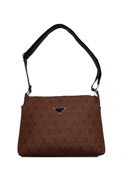 Kadın Orijinal Desenli Çapraz Askılı Üç Bölmeli Omuz Çantası-Suni Vegan Deri