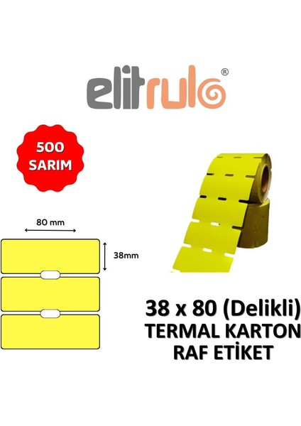 Elit Rulo Termal Karton Raf Etiketi 38MM x 80MM 500 Sarım Delikli - Sarı