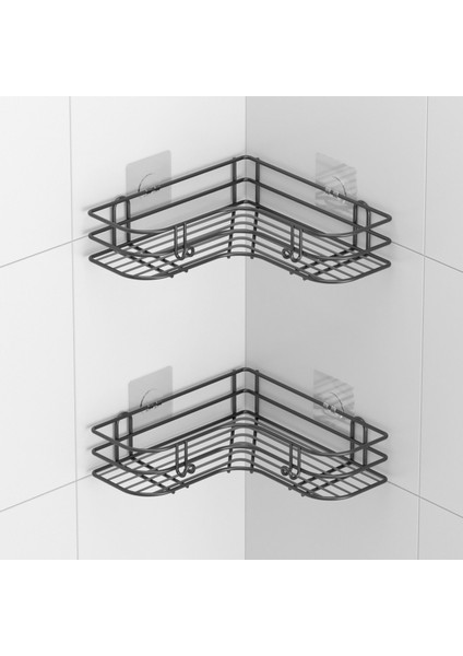 Teknotel Yapışkanlı Kancalı 2 Adet Banyo Köşe Rafı Siyah ST276