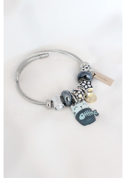 Mavi Kedi Figür Yıldız Detay Gümüş Renk Charm Çelik Kadın Bileklik - TJ-BB4483