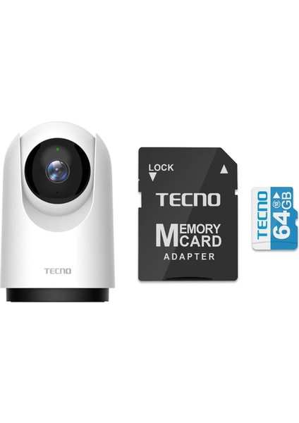 TH300 3mp 2k Ultra Hd 360° Kablosuz Wifi Güvenlik Kamerası + Tecno 64GB 100MB/S Micro Sd Hafıza Kartı ve Adaptörü