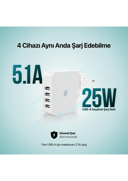 Tüm Cihazlara Uyumlu Süper Şarj 4 Port 25W Şarj Başlık Samsung Xiaomi Huawei Iphone Şarj Başlık