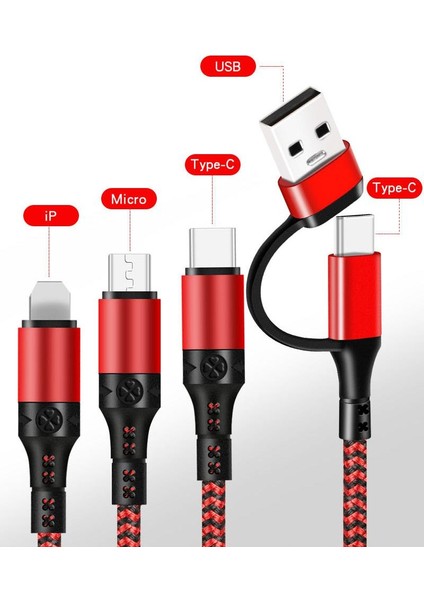 4in1 Şarj Seti 1.2mt 60W Mi̇kro Type-C Iphone Şarj Kablosu Halat Kablo Tüm Telefonlara Uyumlu