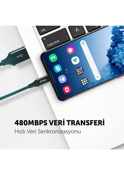 2metre Süper Hızlı USB Type C Şarj ve Data Kablosu, Kopmaz Halat Örgü Kablo, 480MBPS 2.1A