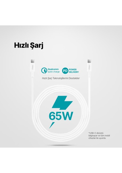 3 Metre 65W Süper Hızlı Pd/qc Type C To Type C Şarj ve Data Kablosu, 480MBPS Hızlı Veri Aktarımlı Kablo