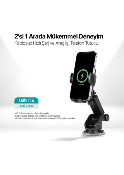 15W Kablosuz Şarjlı Torpido Üstü Teleskopik Telefon Tutucu, Ultra Stabil Kilit Sistemli Tutucu