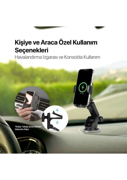 15W Kablosuz Şarjlı Torpido Üstü Teleskopik Telefon Tutucu, Ultra Stabil Kilit Sistemli Tutucu