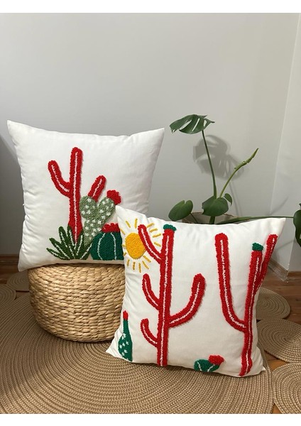 Punchatolyesii Kaktüs Model 2li Set Takım Kırlent Kılıfı Ekru Renk 43 x 43